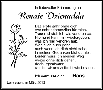 Traueranzeige von Renate Dzienudda von Südthüringer Presse