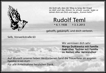 Traueranzeige von Rudolf Teml von Frankenpost