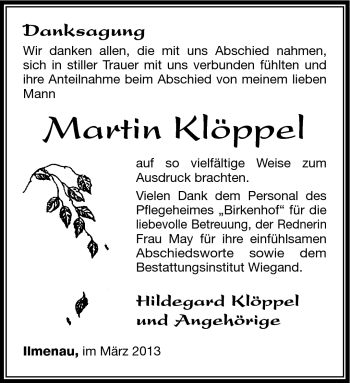 Traueranzeige von Martin Klöppel von Südthüringer Presse
