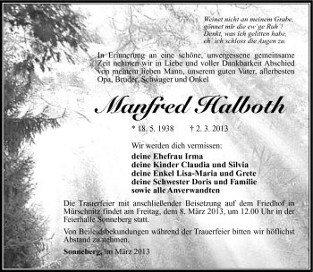 Traueranzeige von Manfred Halboth von Südthüringer Presse