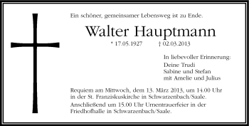 Traueranzeige von Walter Hauptmann von Frankenpost