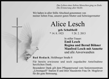 Traueranzeige von Alice Lesch von Neue Presse Coburg