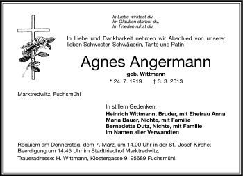 Traueranzeige von Agnes Angermann von Frankenpost