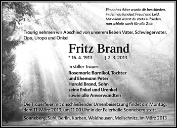 Traueranzeige von Fritz Brand von Südthüringer Presse