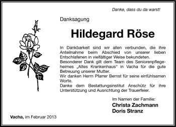 Traueranzeige von Hildegard Röse von Südthüringer Presse