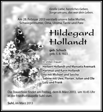 Traueranzeige von Hildegard Hollandt von Südthüringer Presse