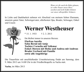 Traueranzeige von Werner Westhäuser von Südthüringer Presse