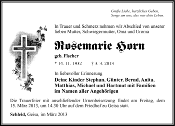 Traueranzeige von Rosemarie Horn von Südthüringer Presse