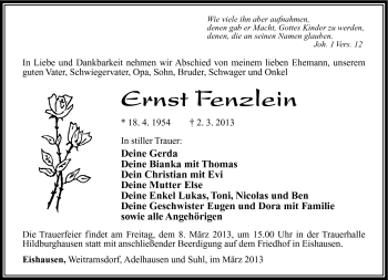 Traueranzeige von Ernst Fenzlein von Südthüringer Presse