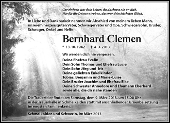 Traueranzeige von Bernhard Clemen von Südthüringer Presse