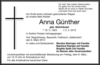 Traueranzeige von Anna Günther von Frankenpost