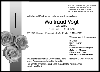 Traueranzeige von Waltraud Vogt von Frankenpost