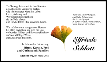 Traueranzeige von Elfriede Schlott von Südthüringer Presse