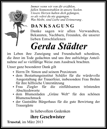 Traueranzeige von Gerda Städter von Südthüringer Presse