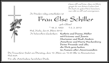Traueranzeige von Else Schiller von Frankenpost