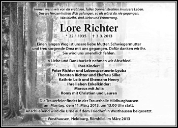 Traueranzeige von Lore Richter von Südthüringer Presse