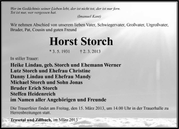 Traueranzeige von Horst Storch von Südthüringer Presse