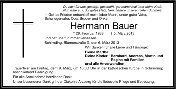 Traueranzeige von Hermann Bauer von Frankenpost