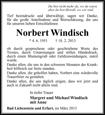 Traueranzeige von Norbert Windisch von Südthüringer Presse