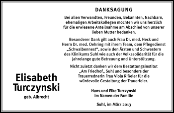 Traueranzeige von Elisabeth Turczynski von Südthüringer Presse