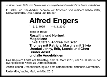 Traueranzeige von Alfred Engers von Südthüringer Presse