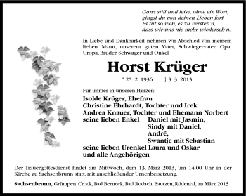 Traueranzeige von Horst Krüger von Südthüringer Presse