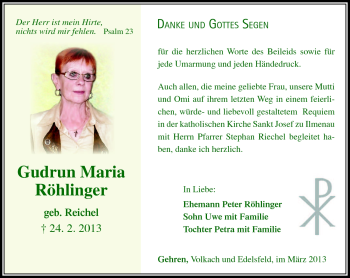 Traueranzeige von Gudrun Maria Röhlinger von Südthüringer Presse
