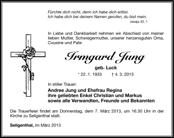 Traueranzeige von Irmgard Jung von Südthüringer Presse