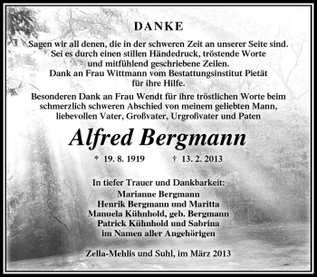 Traueranzeige von Alfred Bergmann von Südthüringer Presse