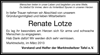 Traueranzeige von Renate Lotze von Frankenpost