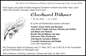 Traueranzeige von Eberhard Bühner von Südthüringer Presse