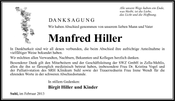 Traueranzeige von Manfred Hiller von Südthüringer Presse