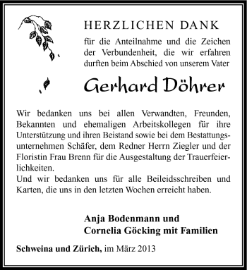 Traueranzeige von Gerhard Döhrer von Südthüringer Presse