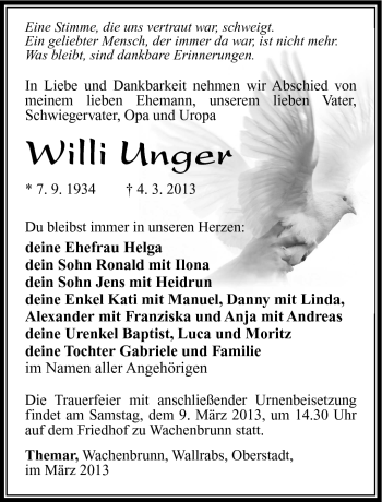 Traueranzeige von Willi Unger von Südthüringer Presse