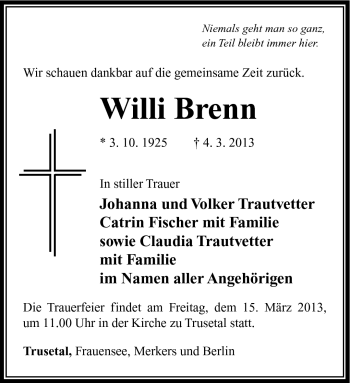 Traueranzeige von Willi Brenn von Südthüringer Presse