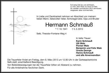 Traueranzeige von Hermann Schmauß von Frankenpost