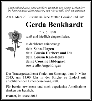 Traueranzeige von Gerda Benkhardt von Südthüringer Presse