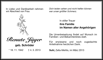 Traueranzeige von Renate Jäger von Südthüringer Presse