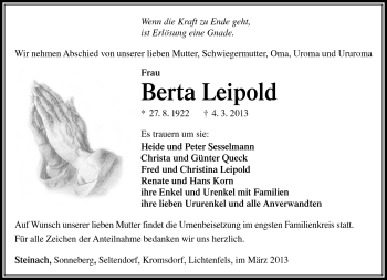 Traueranzeige von Berta Leipold von Südthüringer Presse