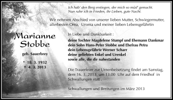 Traueranzeige von Marianne Stobbe von Südthüringer Presse