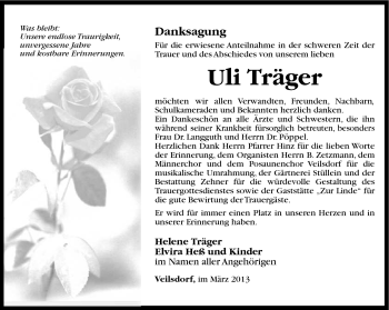 Traueranzeige von Uli Träger von Südthüringer Presse