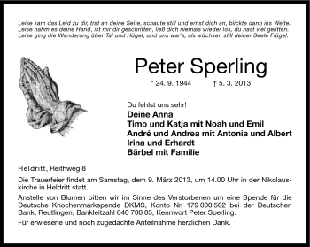 Traueranzeige von Peter Sperling von Neue Presse Coburg