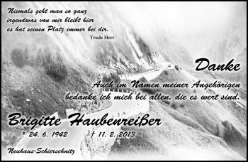 Traueranzeige von Brigitte Haubenreißer von Südthüringer Presse