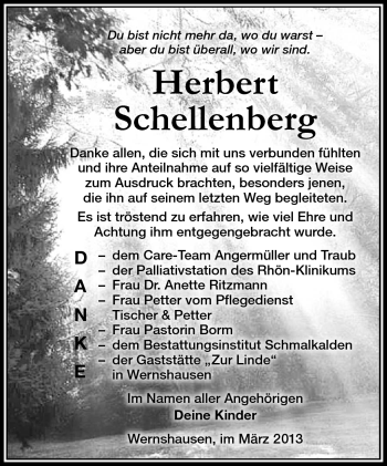 Traueranzeige von Herbert Schellenberg von Südthüringer Presse