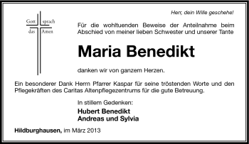 Traueranzeige von Maria Benedikt von Südthüringer Presse