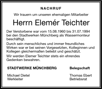 Traueranzeige von Elemer Teichter von Frankenpost
