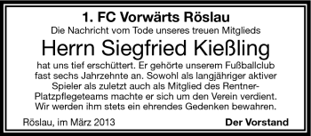 Traueranzeige von Siegfried Kießling von Frankenpost