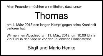 Traueranzeige von Thomas Zirl von Südthüringer Presse