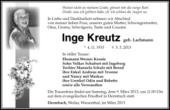 Traueranzeige von Inge Kreutz von Südthüringer Presse