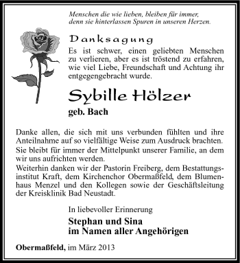 Traueranzeige von Sybille Hölzer von Südthüringer Presse
